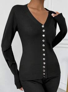 SHEIN LUNE 女士长袖前扣休闲开衫，优雅大方 - 黑色 - 查看 6