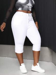 大码白色紧身七分牛仔裤 - 白色 - 查看 4