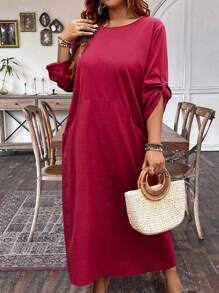 SHEIN Unity Robe décontractée à manches longues et col rond de couleur unie, grande taille pour femmes - Rouge foncé - Voir 6
