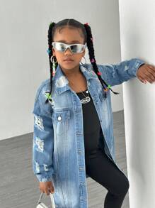 SHEIN Explorewe Tween Girls Y2K Streetwear Casual College Frayed Distressed Long Denim Jacket, Versatile Chic Fashion Item For Spring, Fall And Winter - Medium Wash - View 4