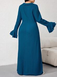 Mulvari 大码女式纯色喇叭袖单排扣长款休闲连衣裙，春夏 - 水鴨藍 - 查看 2