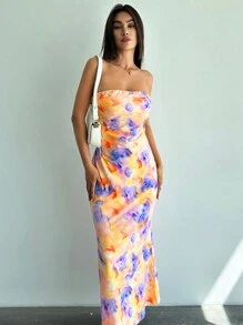 SHEIN Privé Vestido con cuello drapeado y espalda al aire con cola de pez para graduación, vacaciones, fiesta - Albaricoque - Ver 4