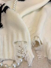 GlowEve Suéter casual minimalista de manga larga con patrón de cruz y acabado crudo para mujer, jersey de punto para otoño e invierno - Blanco - Ver 4