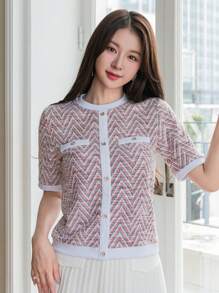 DAZY Camiseta de cuello redondo elegante de oficina con estampado de espiga, adecuada para el Día de San Valentín y el verano