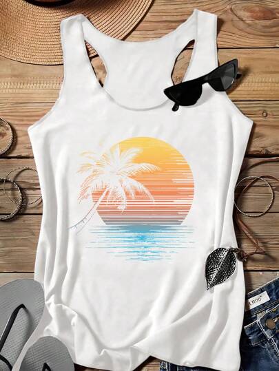 SHEIN LUNE 女士休闲日落海滩棕榈树图案背心，适合夏季休闲穿着