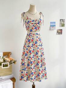 Soleia 2 件套女士浪漫碎花吊带荷叶边上衣和 A 字裙套装，休闲返校/秋季度假装 - 彩色 - 查看 5