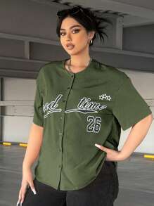 Flirla 大码前扣字母印花休闲夏季衬衫 - 軍綠色 - 查看 3