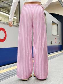 SHEIN Teen Girls Striped Cinched Waist Flare Leg Casual Palazzo Pants, Pink & White