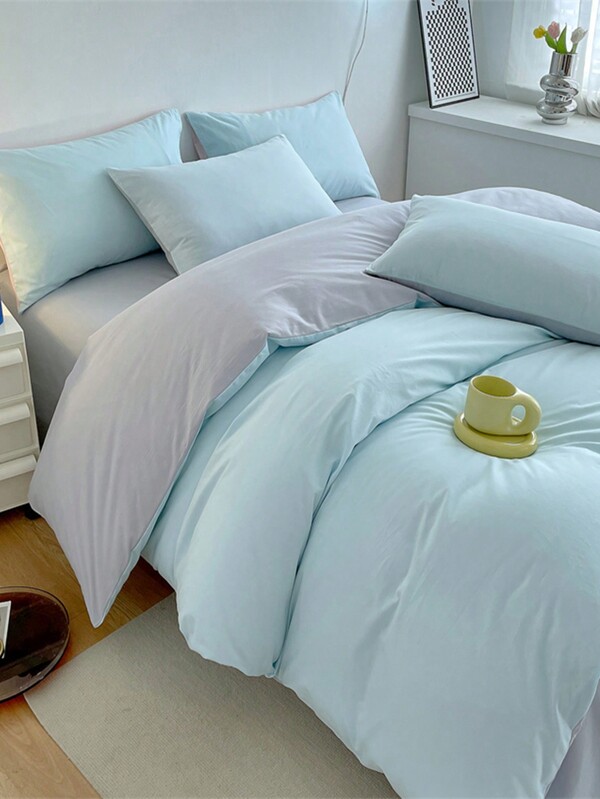 3 pièces Set Housse de couette brossée bleu et gris clair