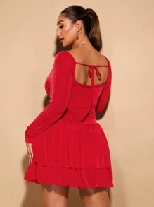 SHEIN BAE Plus Size Women's Solid Color Stretch Knit A Line Sweet Cake Dress Graduation Party Short Long Sleeve Cup Dress