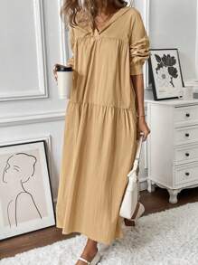 Chiquease Solid Color Casual Loose Hooded Long Dress For Women - Khaki - View 5
