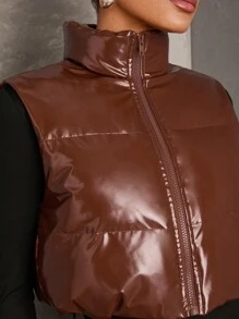 SHEIN BAE 女士简约纯色短款皮夹棉外套、羽绒背心皮夹克秋季女款 - 黑與白 - 查看 8