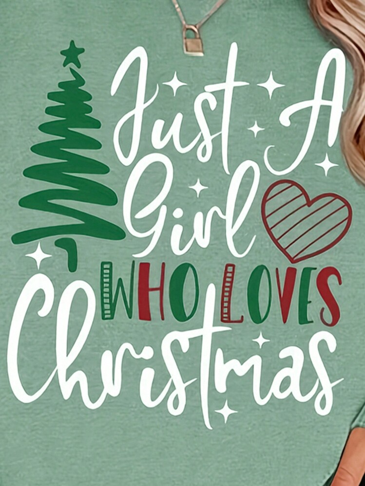 SHEIN Unity Christmas Minimalist English Versatile Holiday Women's Casual Comfortable Street Loose Autumn And Winter Spring Fashion Home Fashion Thin Sweatshirt,Long Sleeve Tops Pullover Fall - Mint Green - View 4