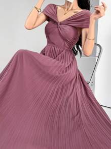 Modelyn 女士纯色简约褶皱短袖休闲连衣裙 - 藕粉色 - 查看 7