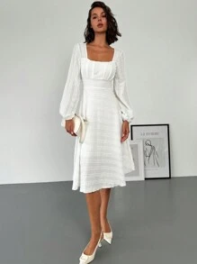 SHEIN Privé Square Neck Shirred Bodice A-Line Dress, Textured Fabric - Beige - View 5