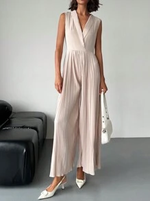 SHEIN Privé Women Elegant Vacation Office Casual Fashion Squareneck Pleated Waist Wide Leg Jumpsuit Without Belt Work Women - Apricot - View 3