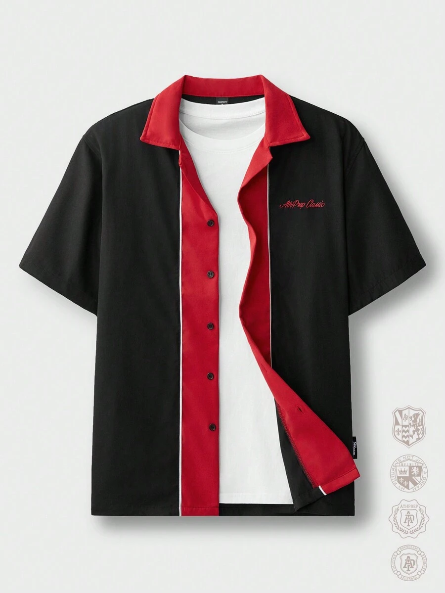 Manfinity RebelGame Men's Loose Short-Sleeved Woven Shirt With English Printed Pattern,Vintage Shirts,Back To School - Multicolor - View 1