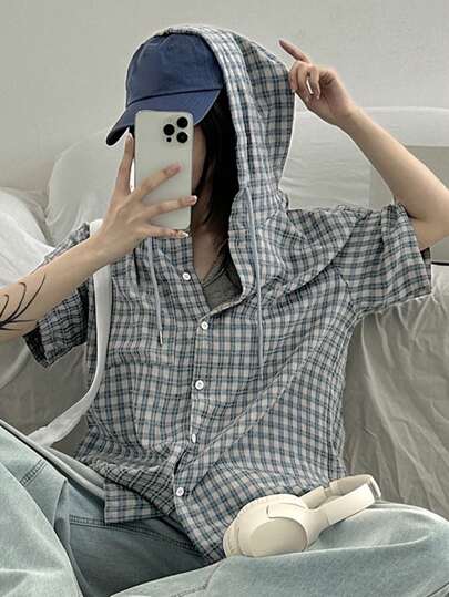 DAZY 女士夏季休闲连帽格子宽松衬衫，法兰绒女装