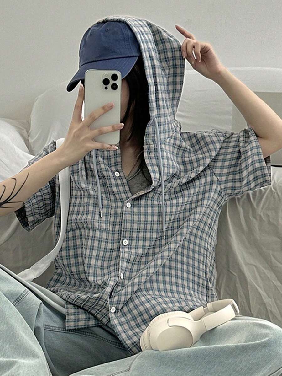 DAZY Women's Summer Casual Hooded Plaid Loose Blouse,Flannels Women - Blue - View 1