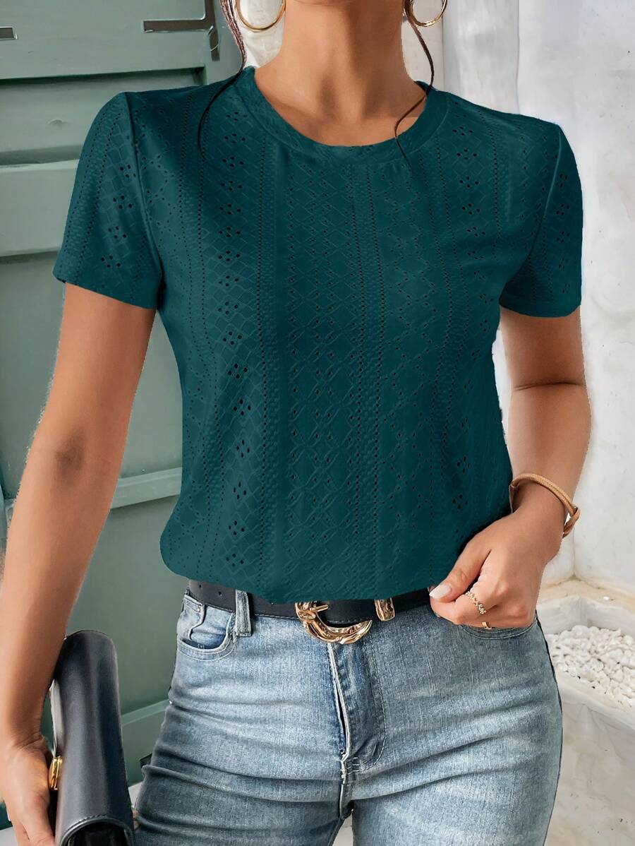 SHEIN Frenchy Chất rắn Lỗ gắn thêu Áo thun - Màu xanh lá cây đậm - Xem 1