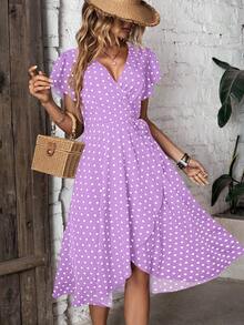 Breezaya Váy mùa hè tay ngắn cổ chữ V in chấm bi quấn phía trước - Màu tím - Xem 4