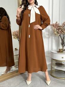 Al Najma Plus Size Dames Strik Hals Lange Mouw Knoop Decor Jurk, Arabische Stijl, Kaftan Jalabiya Jurk Voor Avondfeesten/Bruiloftsgasten