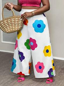 Slaydiva Pantalon décontracté d'été imprimé fleuri coloré pour femmes, grande taille, à jambes larges imprimées partout pour vacances - Blanc - Voir 1