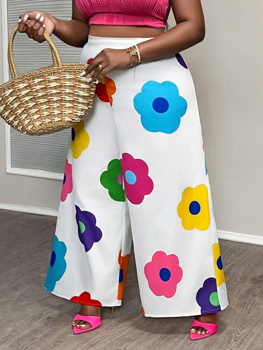 Slaydiva Pantalon décontracté d'été imprimé fleuri coloré pour femmes, grande taille, à jambes larges imprimées partout pour vacances - Blanc - Voir 1