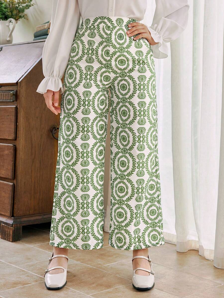 SHEIN Teenagers' Green Traditional Geometric Pattern Loose Lightweight Pants, Spring Autumn - Green - View 1