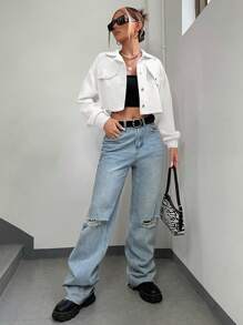 SHEIN EZwear Spring Autumn Casual Short Corduroy Jacket - White - View 5