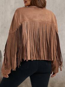 SHEIN LUNE Plus Size Faux Suede Fringe Jacket, For Winter - Brown - View 2
