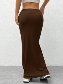 SHEIN EZwear Women's  Knit Tight-Fit Knee-Length Skirt - Chocolate Brown - View 2