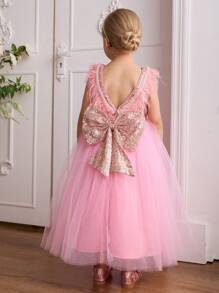 SHEIN Glamorique Kids Girls High-End Fashion Runway Dress, Pink Mesh Tulle Skirt, V-Back Feather Trim, Metallic Sequin Big Bow Princess Gown, 4-Season - Pink - View 1