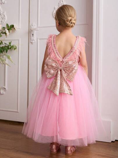 SHEIN Glamorique Kids Girls High-End Fashion Runway Dress, Pink Mesh Tulle Skirt, V-Back Feather Trim, Metallic Sequin Big Bow Princess Gown, 4-Season