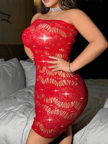 Plus Size Sexy Lingerie Fishnet Slip Dress - Red - View 5