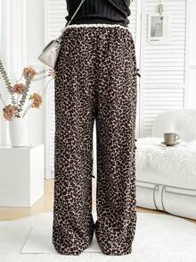Dreamara Plus Size WYWH Women's Vacation Coffee Color Leopard Pattern Corduroy Bow Decoration Elastic Waist Straight Tube Pants - Multicolor - View 2