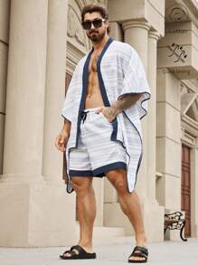 Manfinity RSRT 2 件套男士纯色拼接蝙蝠袖上衣和前系带短裤套装，休闲装 - 藍色 - 查看 1