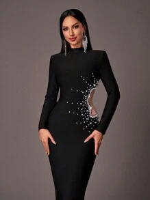 Glamrae 优雅黑色小高领长袖腰侧性感网眼透视立体花卉手工串珠渐变紧身长款重工业晚宴绷带礼服，正式晚会舞会礼服，适合婚礼嘉宾，毕业典礼 - 黑色 - 查看 2