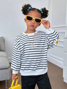 SHEIN Leap Crew Cô Gái Trẻ Sọc & In hoa Thả vai Áo nỉ - Đen và trắng - Xem 2