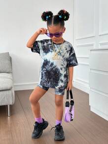 SHEIN 女小童紮染落肩T恤&騎行褲 - 黑色 - 查看 6