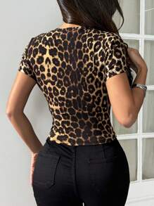SHEIN EZwear 4pcs/Set Women's Leopard & Zebra Print Milano Pattern Round Neck Short Sleeve Fitted T-Shirts, Summer Wear