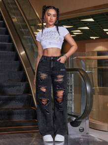 SHEIN EZwear 女士鬆身寬腿牛仔褲，帶破損口袋