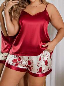 LuxeNights Plus Size Spaghetti Strap Simple Top And Contrast Floral Print Pajama Set - Burgundy - View 5