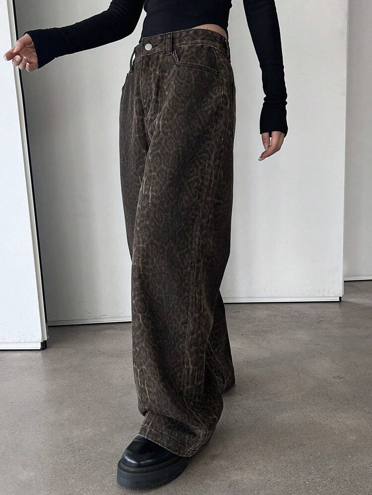 Women's Solid Color Zip-Up Casual Wide Leg Jeans Y2k