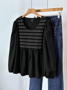 SHEIN LUNE 大码女式条纹圆领灯笼袖休闲衬衫，春夏荷叶边上衣 - 黑色 - 查看 1