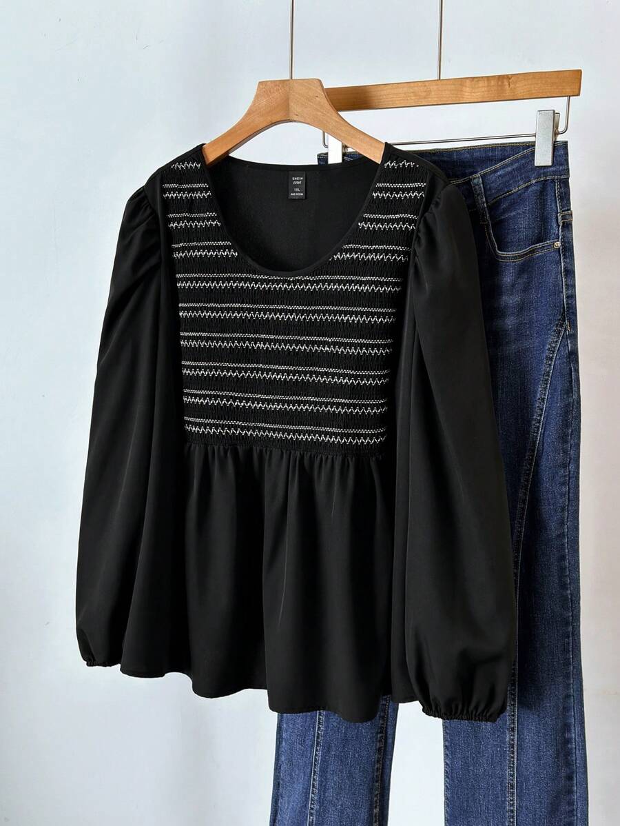 SHEIN LUNE 大码女式条纹圆领灯笼袖休闲衬衫，春夏荷叶边上衣 - 黑色 - 查看 1