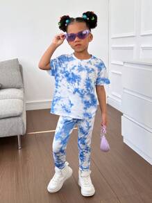 SHEIN Young Girl Tie-Dye Patterned Round Neck Short Sleeve T-Shirt And Long Pants Set