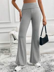 SHEIN Tall 女士纯色喇叭紧身裤 折叠紧身裤 弹力喇叭裤 瑜伽裤 Y2k 慢跑裤 - 灰色 - 查看 7