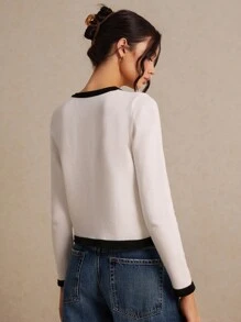 Poéselle Áo len cardigan dệt kim dài tay màu đen và trắng viền kim loại cài nút phía trước cho nữ, áo len cardigan dệt kim dài tay rộng rãi và thanh lịch - Đen và trắng - Xem 8