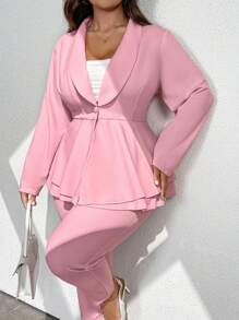 Celure 2 件大码女士翻领腰部收褶双层 A 字形长袖优雅女士套装 - 淺粉色 - 查看 3